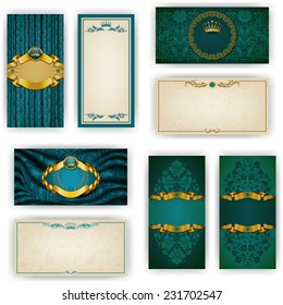 Set of elegant templates for vip luxury invitation, greeting, gift card with lace ornament, crown, ribbon, drapery fabric, place for text. Floral elements, ornate background. Vector illustration EPS10