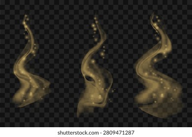 Set of elegant translucent gray smoke waves on transparent background. Abstract realistic steam clouds from hot beverage, cigarette or food. Graphic fog and mist effect elements Vector.