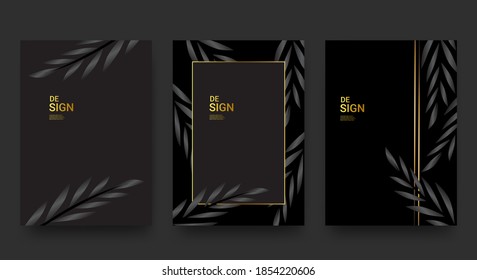 A set of elegant tropical black and gold cover template layouts set on a foliage background, luxury spa, hotel, card, invitation, salon, etc.