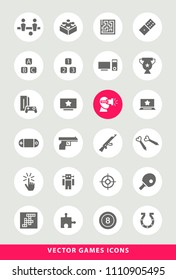 Set of Elegant Universal Black Games Minimalistic Solid Icons on Circular Colored Buttons on Grey Background