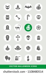 Set of Elegant Universal Black Halloween Minimalistic Solid Icons on Circular Colored Buttons on Grey Background 