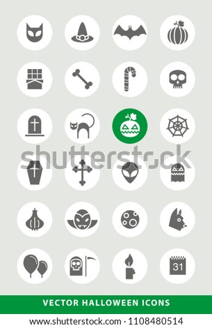 Set of Elegant Universal Black Halloween Minimalistic Solid Icons on Circular Colored Buttons on Grey Background 