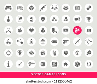 Set of Elegant Universal Black Minimalistic Solid Games Icons on Circular Colored Buttons on Grey Background