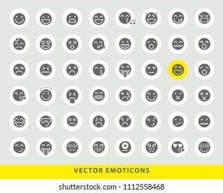 Set of Elegant Universal Black Minimalistic Solid Emoticons on Circular Colored Buttons on Grey Background