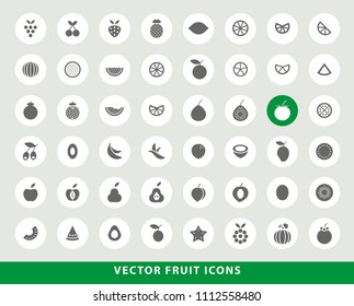 Set of Elegant Universal Black Minimalistic Solid Fruit Icons on Circular Colored Buttons on Grey Background