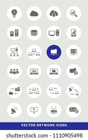 Set of Elegant Universal Black Network Minimalistic Solid Icons on Circular Colored Buttons on Grey Background