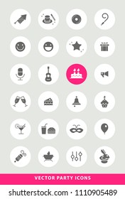 Set of Elegant Universal Black Party Minimalistic Solid Icons on Circular Colored Buttons on Grey Background