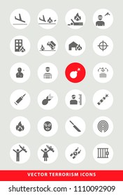 Set of Elegant Universal Black Terrorism Minimalistic Solid Icons on Circular Colored Buttons on Grey Background