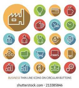 Set of Elegant Universal Business Minimalistic Thin Line Icons on Circular Colored Buttons on White Background.