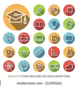Set Elegant Universal Education Minimalistic Thin Line Icons Circular Colored Buttons White Background 