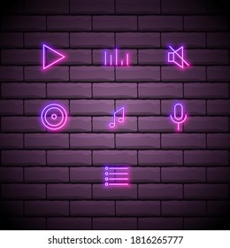 Set of Elegant Universal Minimal Thin Line Colored Neon Stroke Music Icons with Color Gradient on Brick wall Background