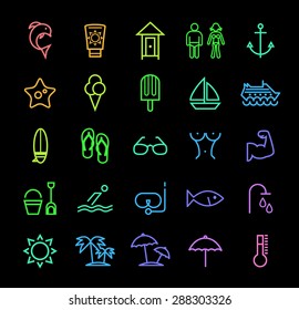 Set of Elegant Universal Minimal Thin Line Colored Neon Stroke Beach Icons with Color Gradient on Black Background.