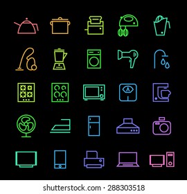 Set of Elegant Universal Minimal Thin Line Colored Neon Stroke Home Appliances Icons with Color Gradient on Black Background