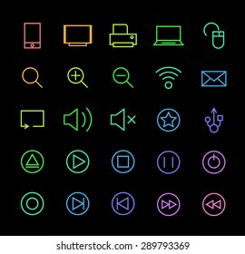 Set of Elegant Universal Minimal Thin Line Colored Neon Stroke Multimedia Icons with Color Gradient on Black Background.