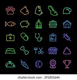 Set of Elegant Universal Minimal Thin Line Colored Neon Stroke Veterinary Icons with Color Gradient on Black Background.