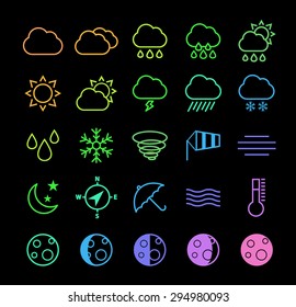 Set of Elegant Universal Minimal Thin Line Colored Neon Stroke Weather Icons with Color Gradient on Black Background.