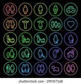 Set of Elegant Universal Minimal Thin Line Colored Neon Stroke Family Icons with Color Gradient on Circular Buttons on Black Background.