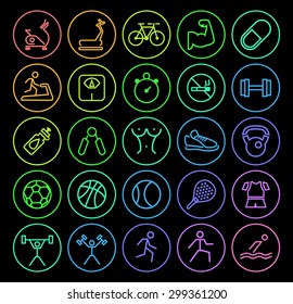 Set of Elegant Universal Minimal Thin Line Colored Neon Stroke Fitness Icons with Color Gradient on Circular Buttons on Black Background.
