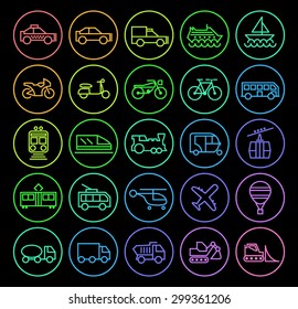 Set of Elegant Universal Minimal Thin Line Colored Neon Stroke Transport Icons with Color Gradient on Circular Buttons on Black Background.