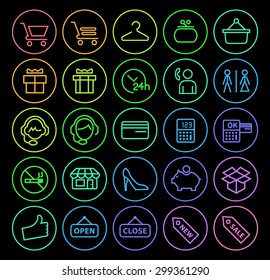 Set of Elegant Universal Minimal Thin Line Colored Neon Stroke Shopping Icons with Color Gradient on Circular Buttons on Black Background.