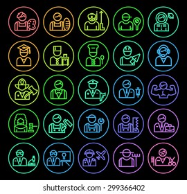 Set of Elegant Universal Minimal Thin Line Colored Neon Stroke Profession Icons with Color Gradient on Circular Buttons on Black Background.