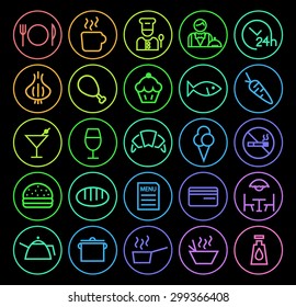 Set of Elegant Universal Minimal Thin Line Colored Neon Stroke Restaurant Icons with Color Gradient on Circular Buttons on Black Background.