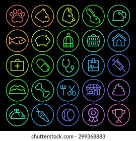 Set of Elegant Universal Minimal Thin Line Colored Neon Stroke Veterinary Icons with Color Gradient  on Circular Buttons on Black Background.