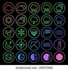 Set of Elegant Universal Minimal Thin Line Colored Neon Stroke Weather Icons with Color Gradient on Circular Buttons on Black Background.