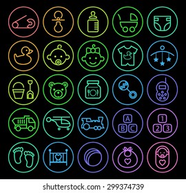Set of Elegant Universal Minimal Thin Line Colored Neon Stroke Baby Icons with Color Gradient on Circular Buttons on Black Background.