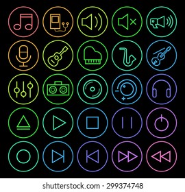 Set of Elegant Universal Minimal Thin Line Colored Neon Stroke Music Icons with Color Gradient on Circular Buttons on Black Background.