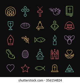 Set of Elegant Universal Minimal Thin Line Colored Neon Stroke Christian Icons with Color Gradient on Black Background.