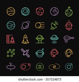 Set of Elegant Universal Minimal Thin Line Colored Neon Stroke Space Icons with Color Gradient on Black Background.