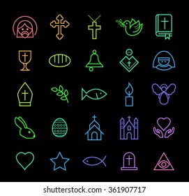 Set of Elegant Universal Minimal Thin Line Colored Neon Stroke Christian Icons with Color Gradient on Black Background.