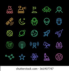 Set of Elegant Universal Minimal Thin Line Colored Neon Stroke Space Icons with Color Gradient on Black Background.