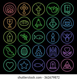 Set of Elegant Universal Minimal Thin Line Colored Neon Stroke Christian Icons with Color Gradient on Circular Buttons on Black Background.