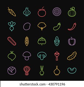 Set of Elegant Universal Minimal Thin Line Colored Neon Stroke Vegetables Icons on Black Background.