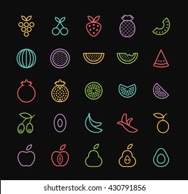 Set of Elegant Universal Minimal Thin Line Colored Neon Stroke fruits Icons on Black Background.