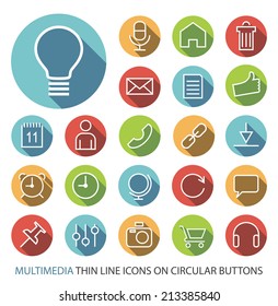 Set of Elegant Universal Multimedia Minimalistic Thin Line Icons on Circular Colored Buttons  on White Background.