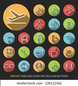 Set of Elegant Universal White Airport Minimalistic Isolated Thin Line Icons on Circular Colored Buttons on Black Background.