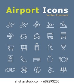 Set of Elegant Universal White Airport Minimalistic Thin Line Icons on Blue Background . Isolated Vector Elements
