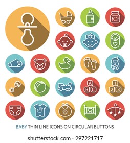 Set of Elegant Universal White Baby Minimalistic Thin Line Icons on Circular Colored Buttons on White Background.