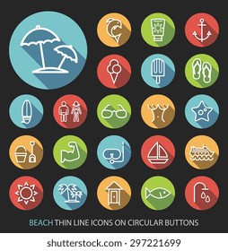 Set of Elegant Universal White Beach Minimalistic Simple Isolated Thin Line Icons on Circular Colored Buttons on Black Background.