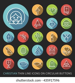 Set of Elegant Universal White Christian Minimalistic Thin Line Icons on Circular Colored Buttons on Black Background.
