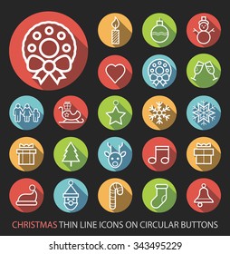 Set of Elegant Universal White Christmas Minimalistic Simple Isolated Thin Line Icons on Circular Colored Buttons on Black Background.
