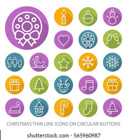 Set of Elegant Universal White Christmas Minimalistic Simple Isolated Thin Line Icons on Circular Colored Buttons on White Background
