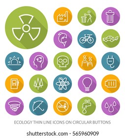 Set of Elegant Universal White Ecology Minimalistic Thin Line Icons on Circular Colored Buttons on White Background
