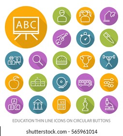 Set of Elegant Universal White Education Minimalistic Thin Line Icons on Circular Colored Buttons on White Background

