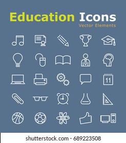 Set of Elegant Universal White Education Minimalistic Thin Line Icons on Blue Background . Isolated Vector Elements