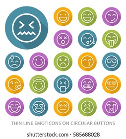 Set of Elegant Universal White Emoticons Minimalistic Thin Line Icons on Circular Colored Buttons on White Background