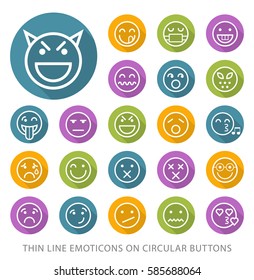 Set of Elegant Universal White Emoticons Minimalistic Thin Line Icons on Circular Colored Buttons on White Background